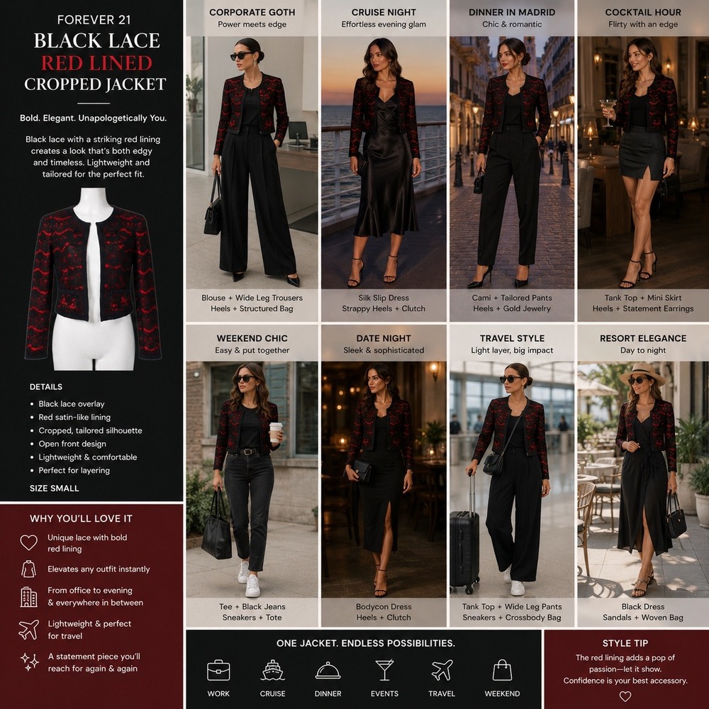 Forever 21 Small Black Lace Red Lined Cropped Jacket Corporate Goth Work Chic - Picture 2 of 6